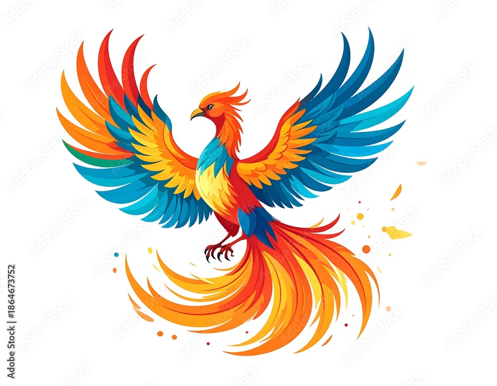 Obraz premium A vibrant, stylized illustration of a phoenix in flight