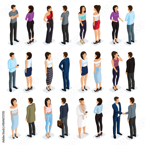 Diverse Group of Isometric People Standing and Interacting 1.
