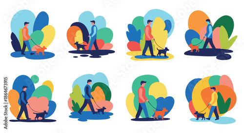 People walking dogs in park colorful abstract style