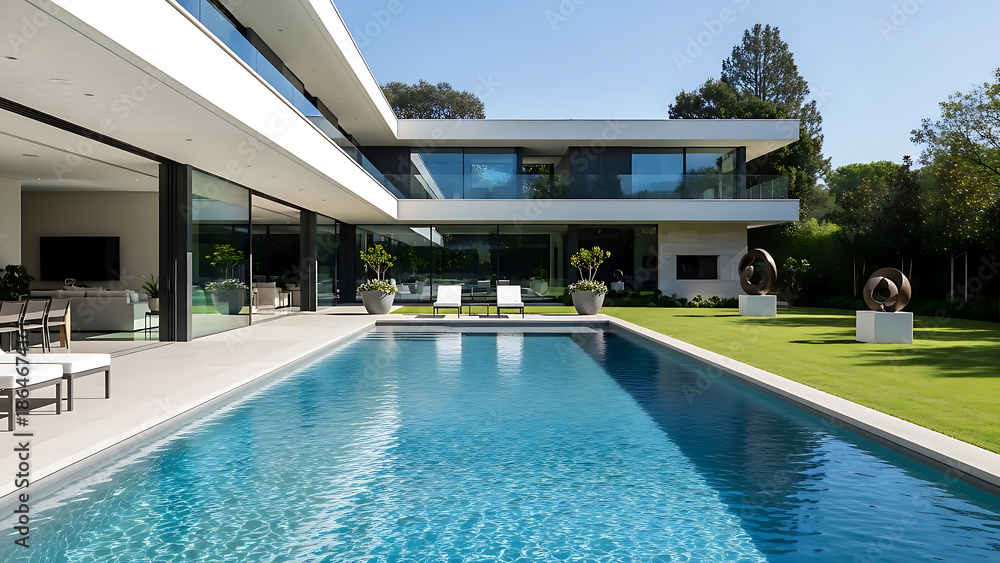Fototapeta premium 맑은 낮 시간대의 현대적인 고급 주택, 넓은 정원과 이어진 야외 수영장 전경, 직선적인 건축 디자인과 깨끗한 수면, 밝고 여유로운 럭셔리 라이프스타일 분위기, 광각 구도