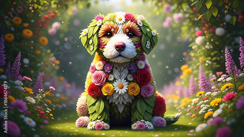 형형색색의 꽃잎과 잎사귀로 만들어진 강아지가 정원 중앙에 앉아 있는 모습, 장미와 데이지, 들꽃이 몸을 이루고 있는 구조, 밝은 자연광, 생기 넘치는 판타지 아트 스타일