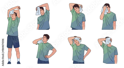 Man wiping sweat after workout, multiple poses