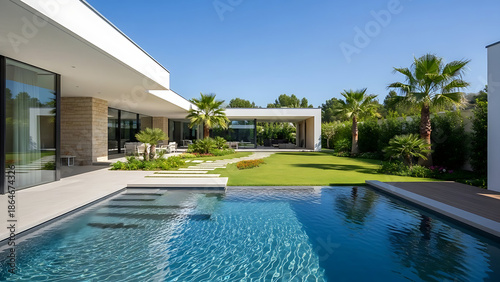 맑은 낮 시간대의 현대적인 고급 주택, 넓은 정원과 이어진 야외 수영장 전경, 직선적인 건축 디자인과 깨끗한 수면, 밝고 여유로운 럭셔리 라이프스타일 분위기, 광각 구도