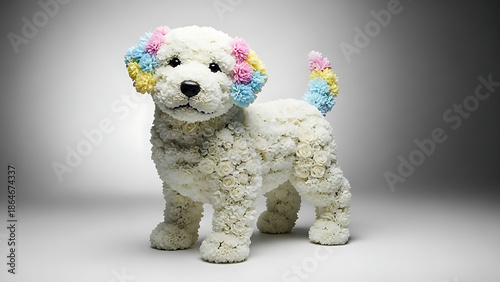 단색 배경 앞에 서 있는 꽃으로 만든 강아지 전신, 흰 꽃으로 이루어진 몸과 파스텔 톤 꽃이 포인트로 들어간 귀와 꼬리, 조형적인 구도, 미니멀한 아트 콘셉트