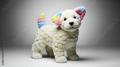 단색 배경 앞에 서 있는 꽃으로 만든 강아지 전신, 흰 꽃으로 이루어진 몸과 파스텔 톤 꽃이 포인트로 들어간 귀와 꼬리, 조형적인 구도, 미니멀한 아트 콘셉트