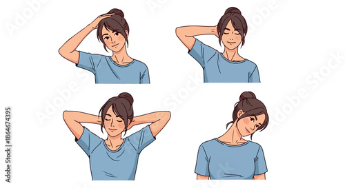 Woman stretching neck and shoulders with transparent background