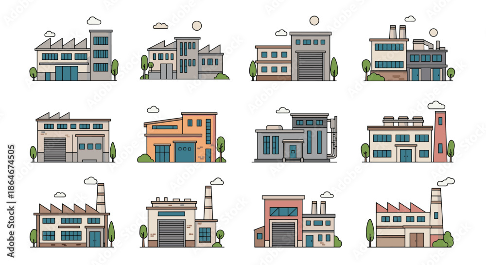 Obraz premium Collection of various modern and traditional industrial factory buildings with smoke stacks and loading bays shown as flat icons.
