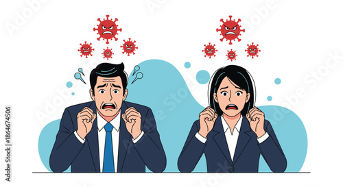 Professional man and woman in business suits looking terrified with angry virus icons floating above them in a stressful environment.