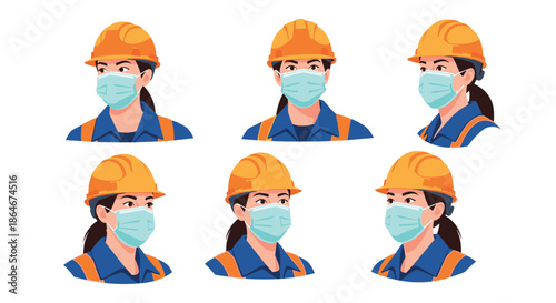 Various headshots of a female construction worker wearing an orange hard hat and a protective face mask from different angles.