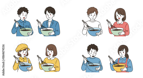 Groups of men and women in various outfits happily mixing ingredients in bowls with whisks while preparing food together.