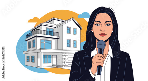 Professional female reporter holding a microphone and standing in front of a modern two-story house with clouds in the background.