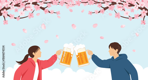 Silhouette of a couple clinking beer mugs together under blooming cherry blossom trees in a celebratory spring atmosphere.