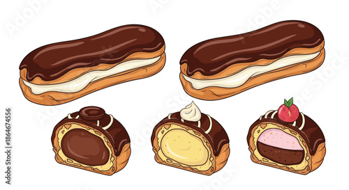 Collection of gourmet eclairs and round cream puffs with various fillings and toppings including chocolate, cream, and cherry garnishes.