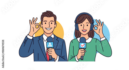 Male and female radio hosts or journalists with headphones speaking into microphones and making the okay sign with their hands.