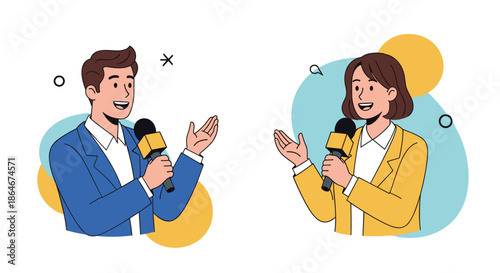 Male and female news reporters in professional attire speaking into microphones with speech bubbles and abstract shapes in the background.