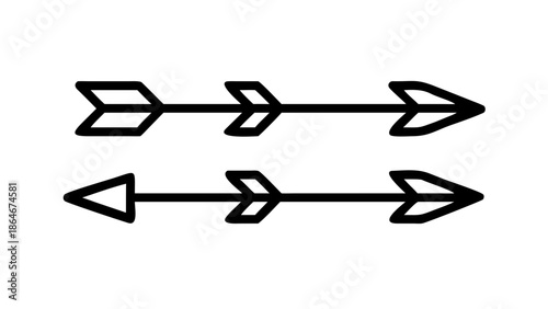 A minimalist vector graphic illustration of two black arrows pointing in opposite directions on a white background