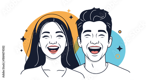 Cheerful young man and woman with black hair laughing heartily against a colorful background with stars and circles expressing pure happiness.