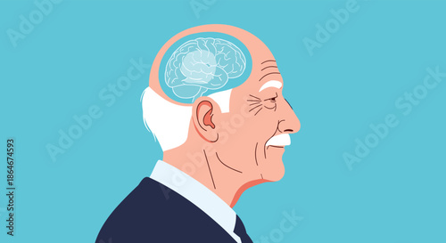 Profile view of an elderly man showing a transparent view of the brain inside the head for medical and cognitive health studies.