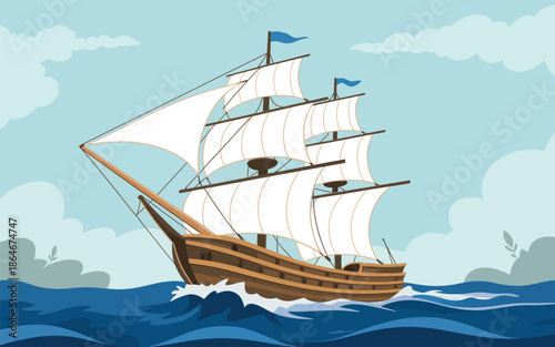 Vintage Wooden Sailing Ship with Large White Sails Navigating Blue Ocean Waves Illustration