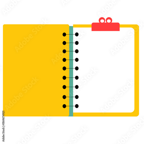 Yellow spiral notebook with red clip, perfect for planning, journaling, or productivity-themed digital and print designs.