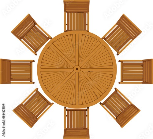 Top view wooden round table with chairs vector illustration outdoor furniture dining set isolated on white background