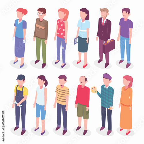 Diverse Group of People Standing Together in Isometric View.