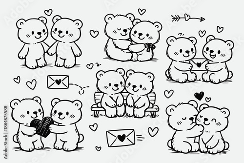 Cute Bear Couple Valentine Doodle Set in Hand Drawn Sketch Style