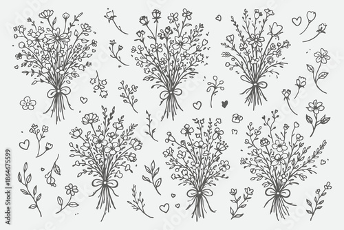 Romantic Wildflower Valentine Bouquet in Hand Drawn Sketch Style