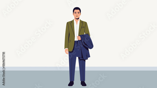 Stylish Business Professional Man in Formal Attire Holding a Navy Blazer in a Minimalist Office