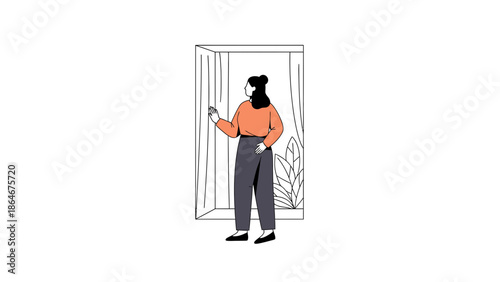 Stylish anthropomorphic bear character standing at a window with curtains and plants observing