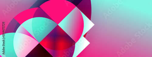 Abstract shapes overlap, creating vibrant pinks, blues, reds. Gradient background suggests depth, modern design aesthetic.