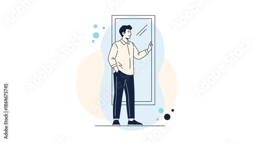 Stylish man standing in front of mirror in modern minimalistic interior setting