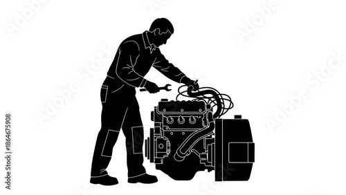 Mechanic working on engine with a wrench in hand
