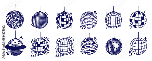 Blue Disco Ball Glitter Vector With Mirror Globe Set. Disco Ball Light for Party or Club Kit. Doodle Vector Illustration