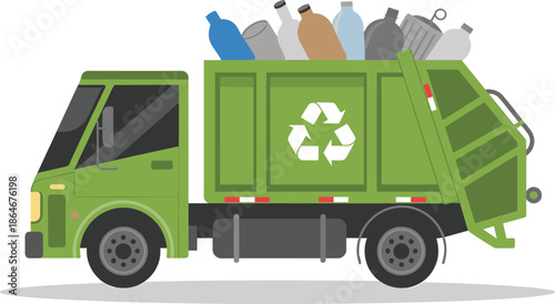 Green recycling garbage truck transporting plastic bottles and metal cans for waste management and environmental conservation concept on white background