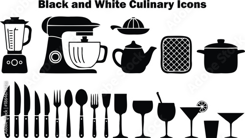 Black and white collection of essential kitchen, cooking, and dining icons