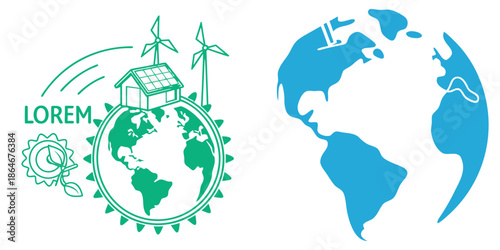 Green energy icons globe with wind turbines and solar panels
