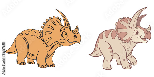 Cartoon triceratops dinosaurs coloring book page and color illustration set