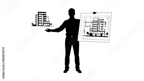 Architect presenting building designs and blueprints confidently