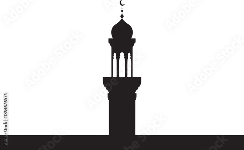 Black silhouette of a mosque minaret with a crescent moon on