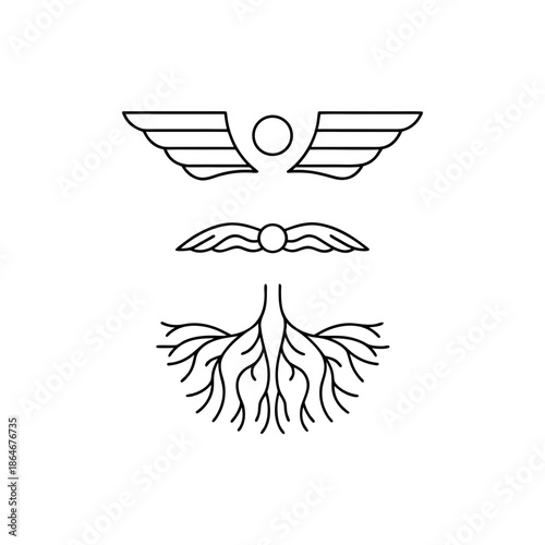 Three wing and root symbols on transparent background wings roots symbol icon logo illustration line art black white simple minimalist system structure feather feathered winged