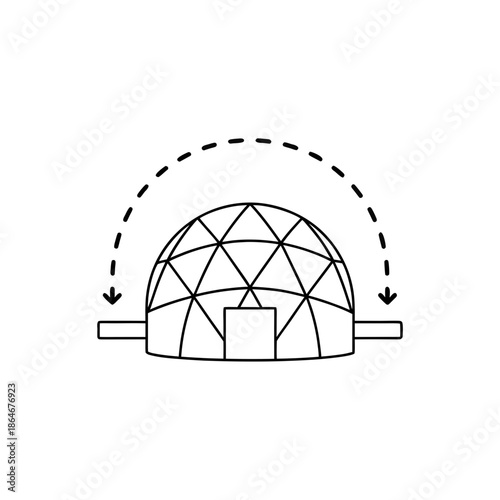 Line drawing of a geodesic dome with arrows indicating rotation on transparent background igloo rotating architecture structure icon black and white simple illustration graphic symbol
