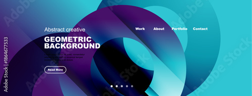 Abstract geometric background. Blue, purple hues dominate design. Navigation links present. Minimalist aesthetic, modern style.