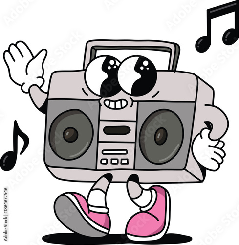 Retro boombox character with big eyes and arms dancing to music notes, celebrating the joy of sound and nostalgia