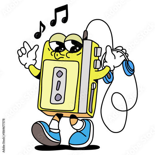 Photos Retro yellow walkman character dancing with headphones and musical notes, vintag