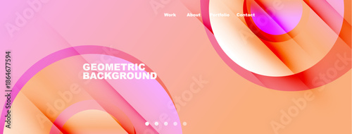 Abstract fluid shapes, warm colors, website header. Navigation links present, geometric design dominates visual space.