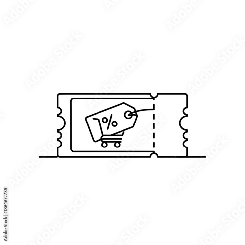 Minimalist Line Drawing of Shopping Cart with Discount Tag in a Continuous Line Style