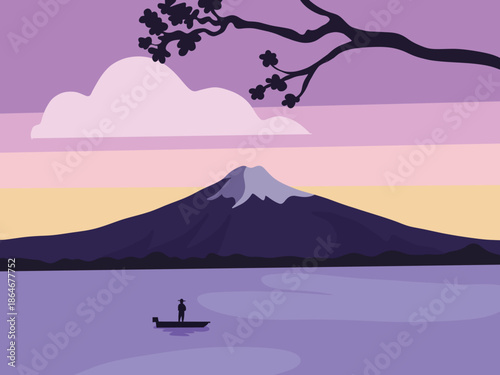 A tranquil vector illustration captures a majestic snow-capped mountain at sunset, casting serene reflections on a calm lake where a lone boatman floats, framed by delicate cherry blossoms