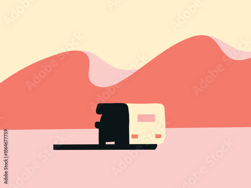Abstract flat design illustration of a solitary camper van traveling through a stylized, minimalist desert landscape, symbolizing peaceful journey and open road adventure