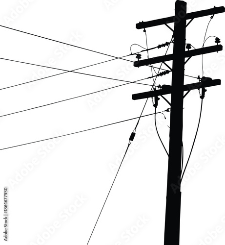 Silhouette utility pole, crossing power lines against sky, minimalist electrical infrastructure scene